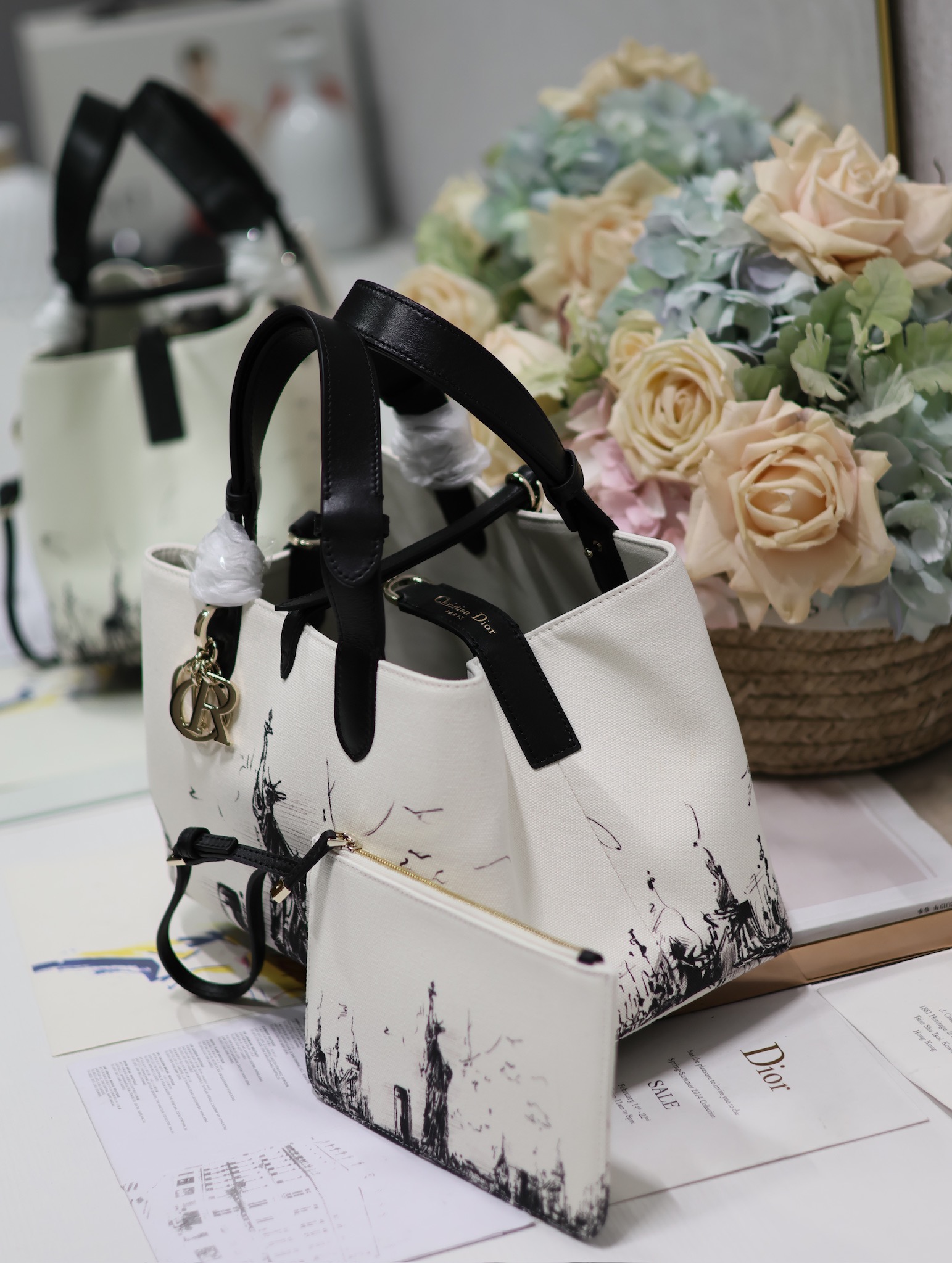 Medium Dior Toujours Bag Latte and Black Canvas with New York Print